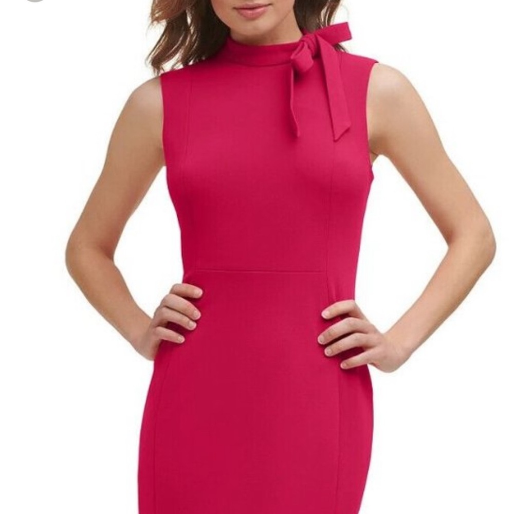 NEW CALVIN KLEIN BOW MOCK NECK CREPE SHEATH DRESS NWT SIZE 4 HOT PINK